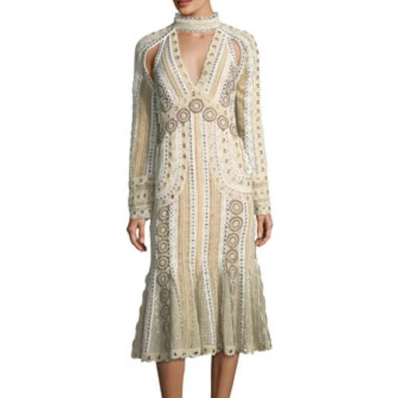 NWT Jonathan Simkhai Ivory Gladiator Metal-Trim Long-Sleeve Dress Bone Midi - Picture 1 of 13